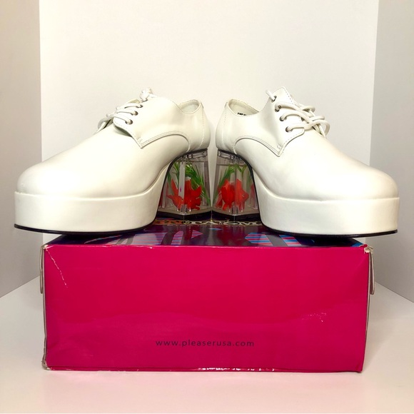 Pleaser - Funtasma Pimp-02 White Patent Platform Shoes with Aquarium Heel - Men - Picture 2 of 14